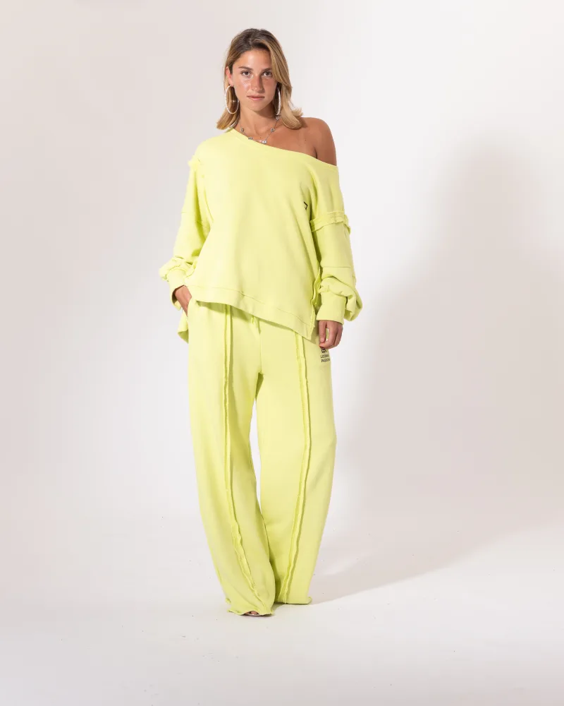 Ensemble jogging vert fluo Licorne Passion en pied, sweat oversize épaule dénudée et pantalon ample