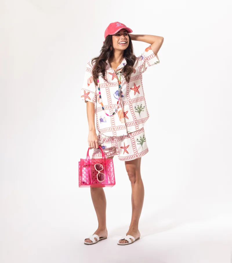 Ensemble short marine Licorne Passion en pied, chemise oversize et short aux motifs étoiles de mer